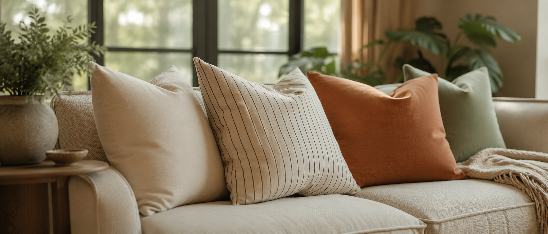 Soft cushions and blankets styled in a calm home