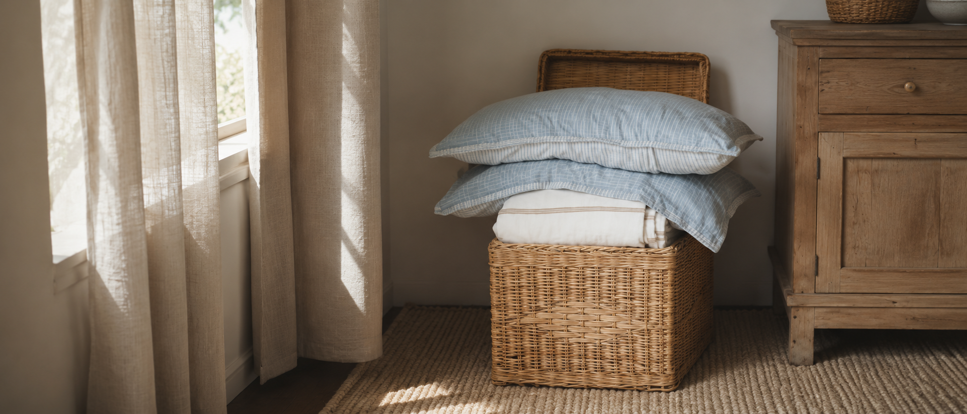 Soft cushions and blankets arranged in a calm home